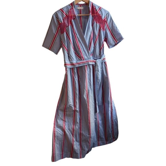 SANDRO Paris Mellow Stripe Blue Red Wrap Midi Shirt Dress Lace Inserts Size S - Picture 11 of 15